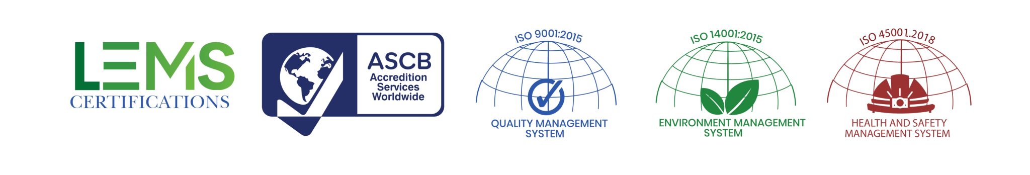 Four Style Contracting accreditations — LEMS Certifications, ASCB Accreditation Services Worldwide, ISO 9001:2015 Quality Management System, ISO 14001:2015 Environmental Management System, ISO 45001:2018 Health & Safety Management System