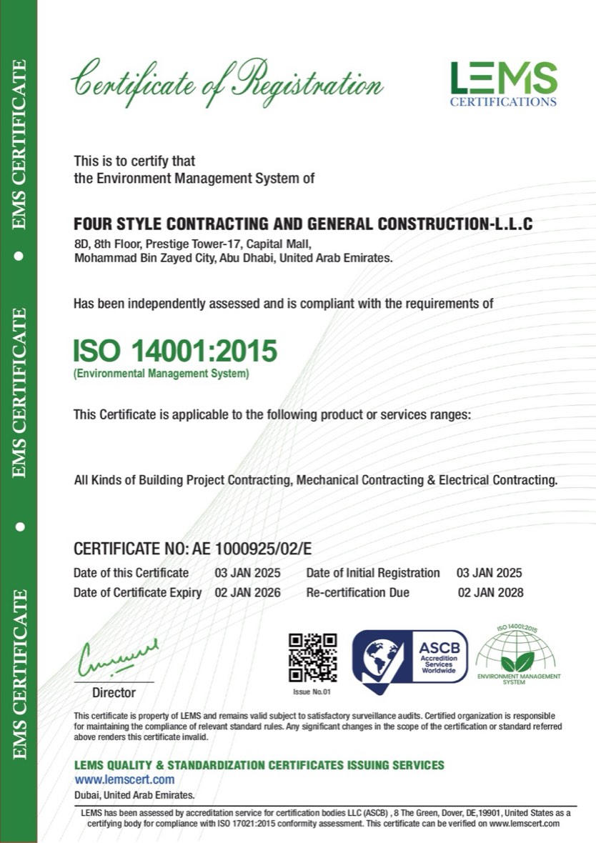 ISO 14001:2015 Environmental Management System certificate — Four Style Contracting
