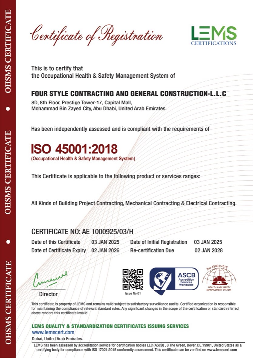 ISO 45001:2018 Occupational Health & Safety Management System certificate — Four Style Contracting