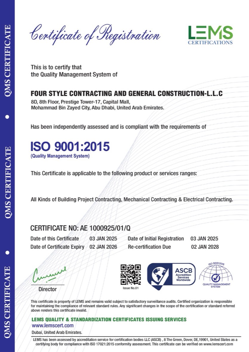 ISO 9001:2015 Quality Management System certificate — Four Style Contracting